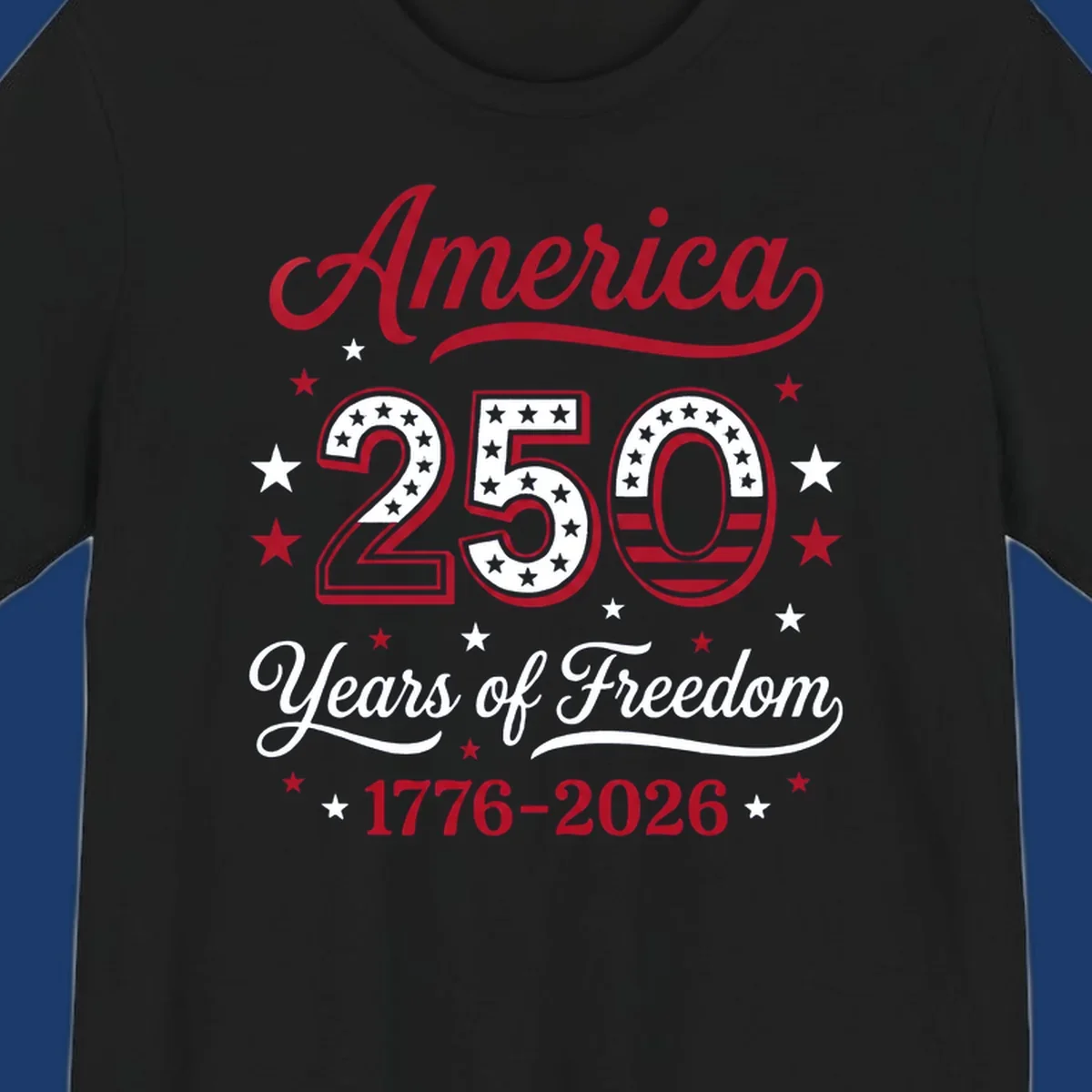 America 250th anniversary design with bold text and patriotic stars and stripes elements.
