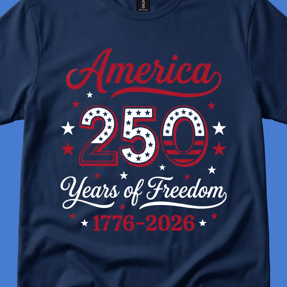 America 250th anniversary design with bold text and patriotic stars and stripes elements.