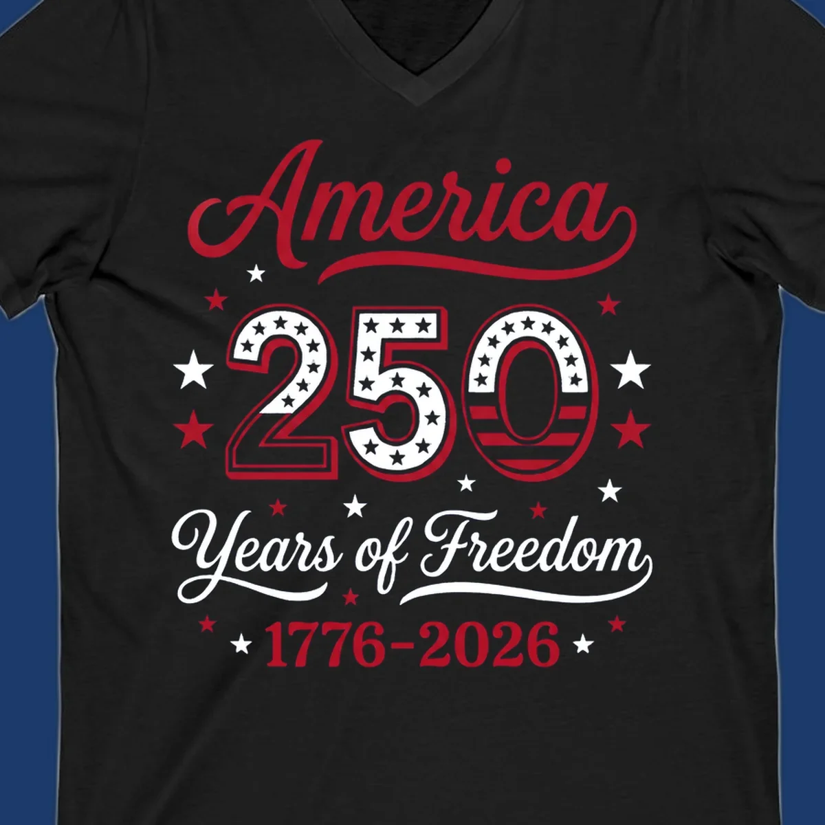 America 250th anniversary design with bold text and patriotic stars and stripes elements.