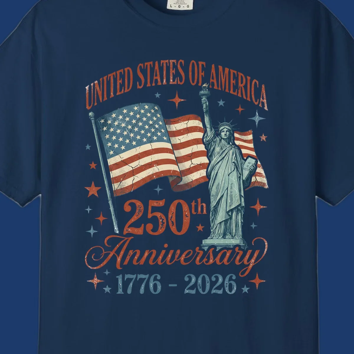 America 250th anniversary illustration with Statue of Liberty and American flags.