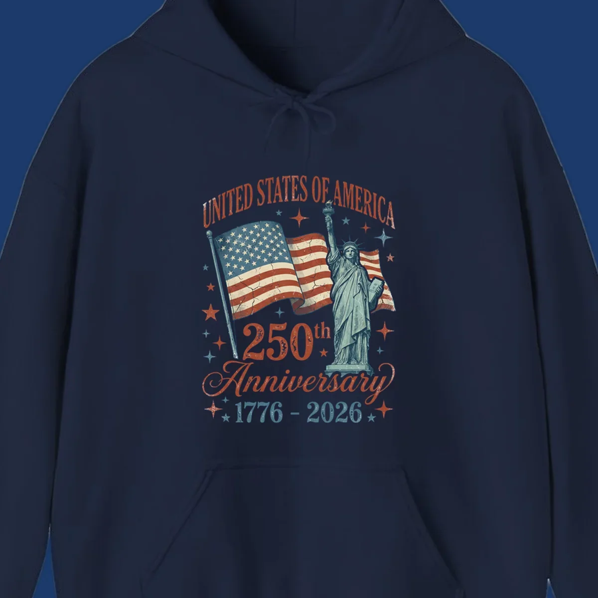 America 250th anniversary illustration with Statue of Liberty and American flags.