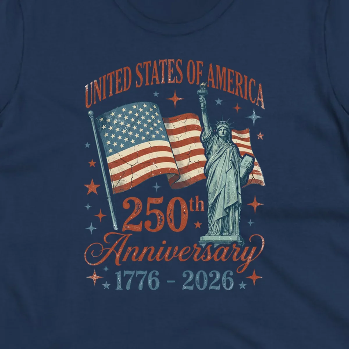 America 250th anniversary illustration with Statue of Liberty and American flags.