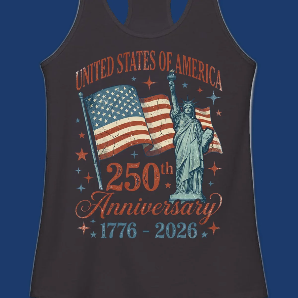 America 250th anniversary illustration with Statue of Liberty and American flags.