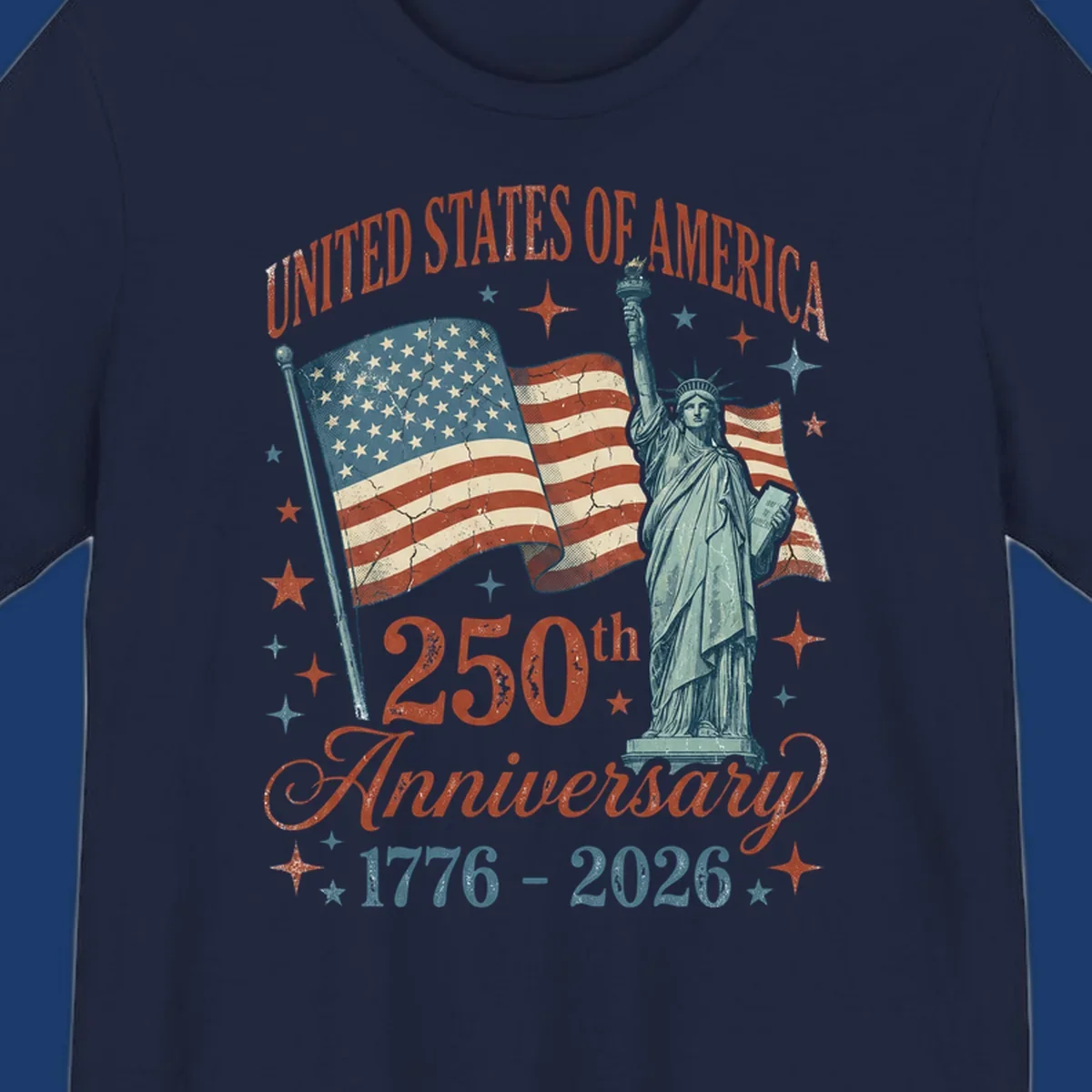 America 250th anniversary illustration with Statue of Liberty and American flags.
