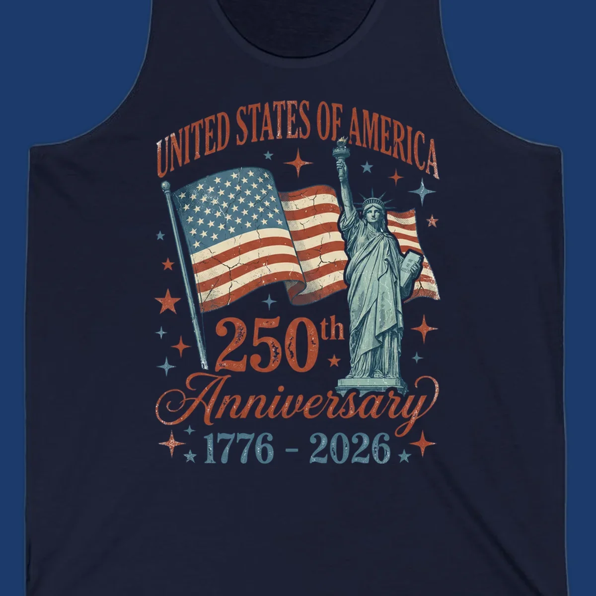 America 250th anniversary illustration with Statue of Liberty and American flags.
