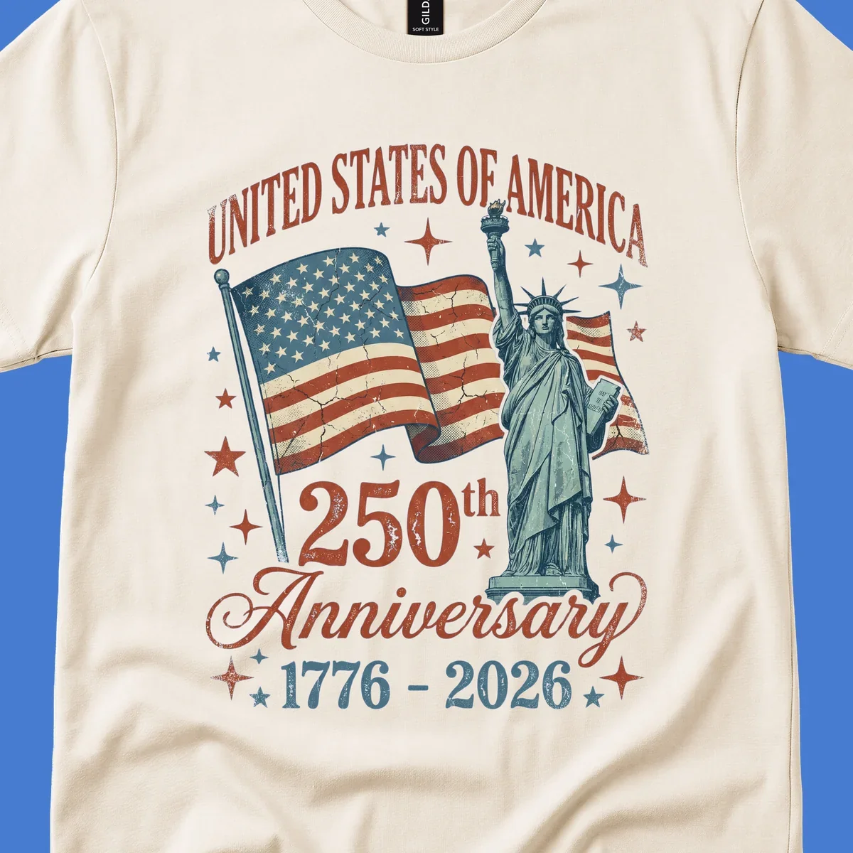 America 250th anniversary illustration with Statue of Liberty and American flags.