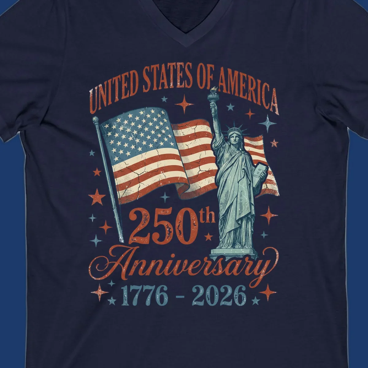 America 250th anniversary illustration with Statue of Liberty and American flags.