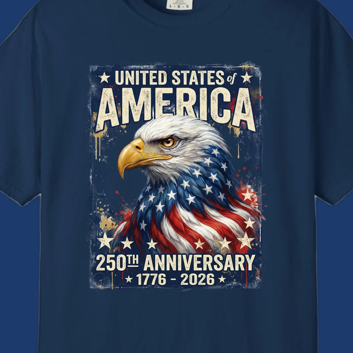 Bold illustration of an eagle with an American flag pattern, celebrating the America 250th Anniversary.