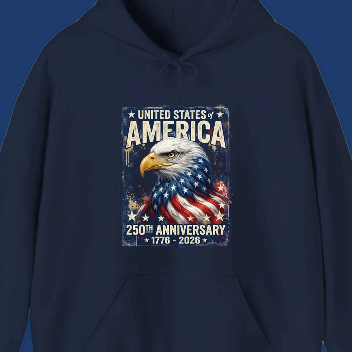 Bold illustration of an eagle with an American flag pattern, celebrating the America 250th Anniversary.