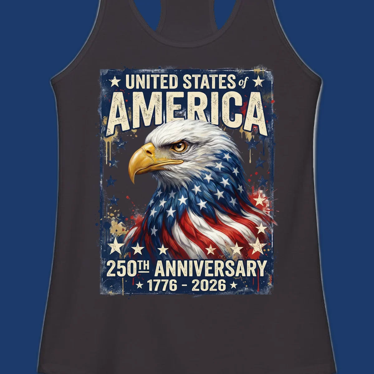 Bold illustration of an eagle with an American flag pattern, celebrating the America 250th Anniversary.