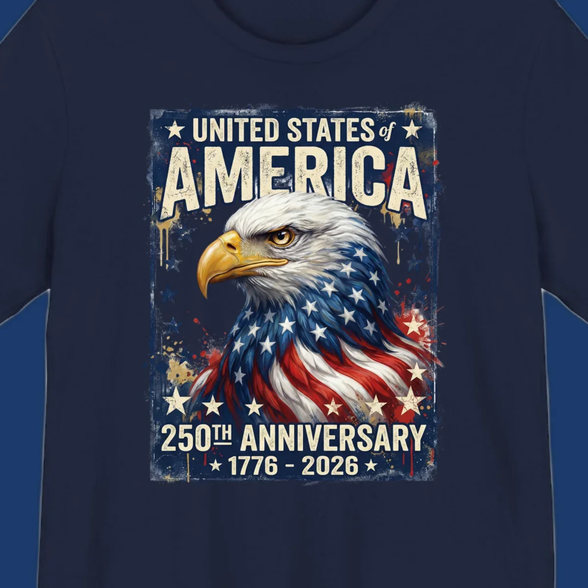 Bold illustration of an eagle with an American flag pattern, celebrating the America 250th Anniversary.