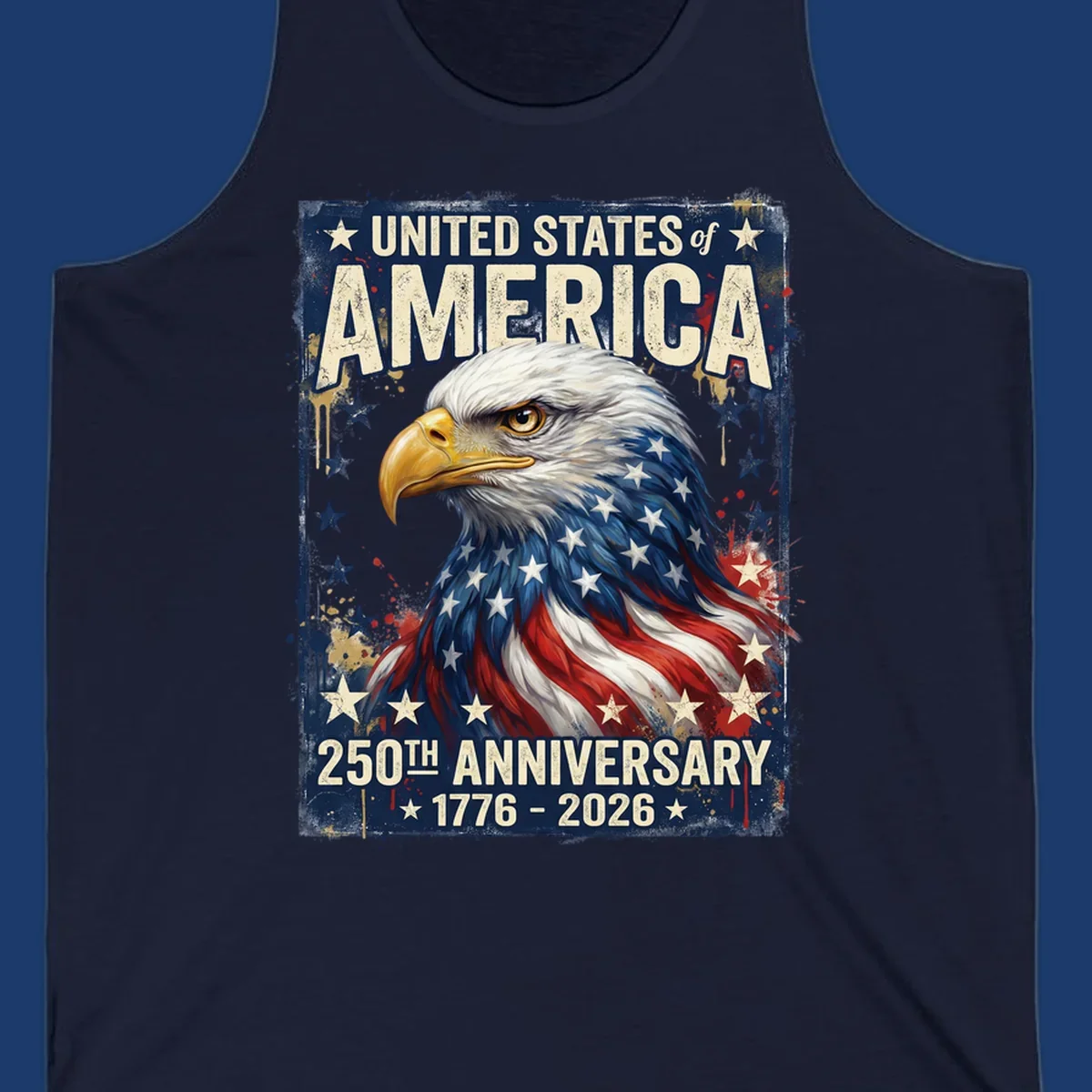 Bold illustration of an eagle with an American flag pattern, celebrating the America 250th Anniversary.