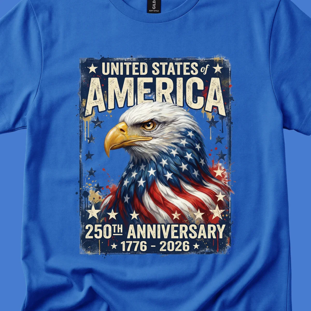Bold illustration of an eagle with an American flag pattern, celebrating the America 250th Anniversary.