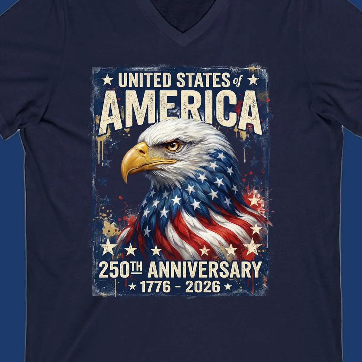 Bold illustration of an eagle with an American flag pattern, celebrating the America 250th Anniversary.