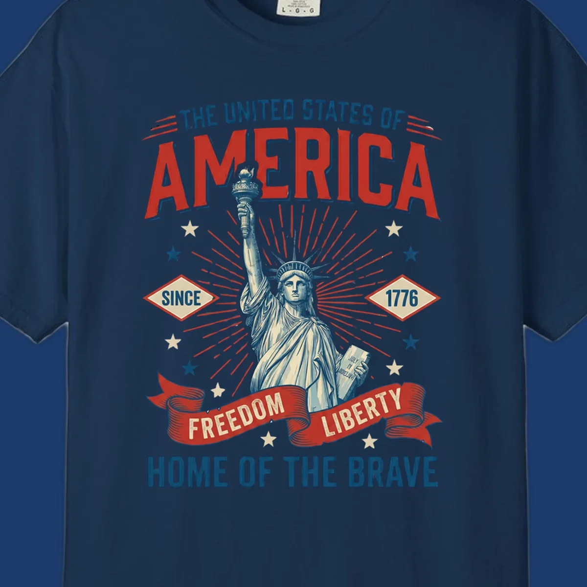 America freedom celebration design with Statue of Liberty, text and patriotic elements.