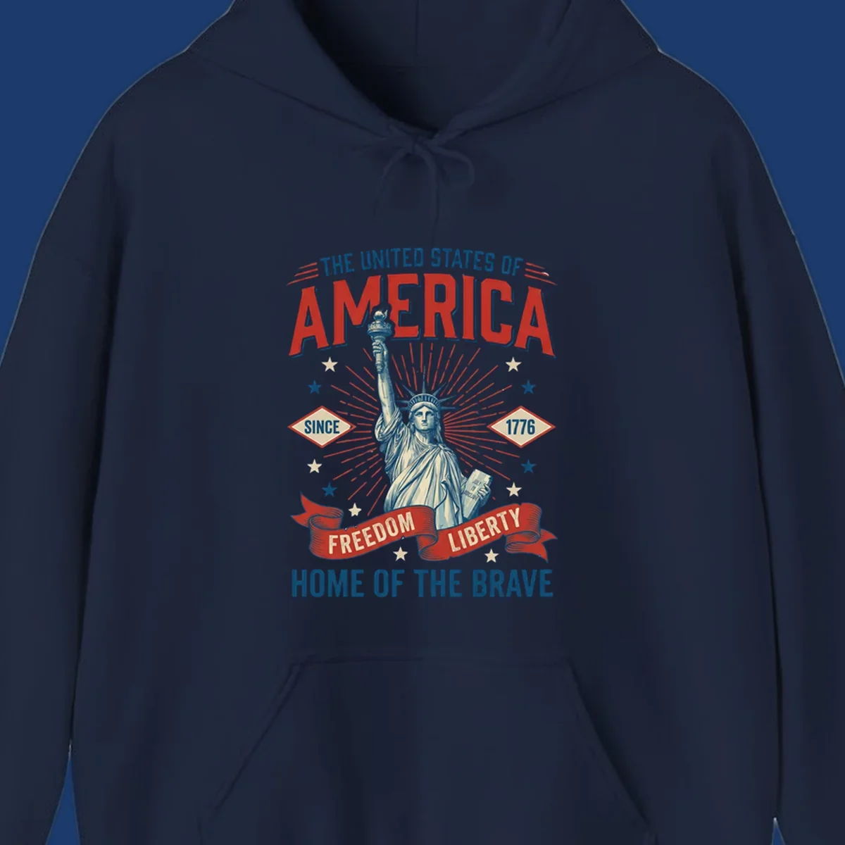 America freedom celebration design with Statue of Liberty, text and patriotic elements.