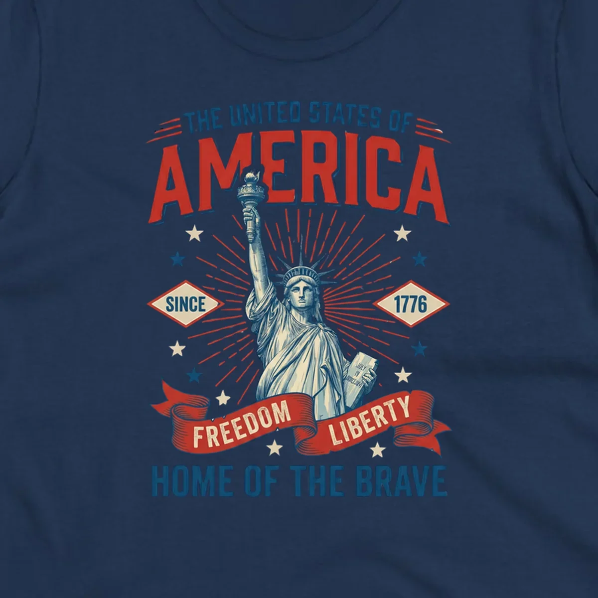 America freedom celebration design with Statue of Liberty, text and patriotic elements.