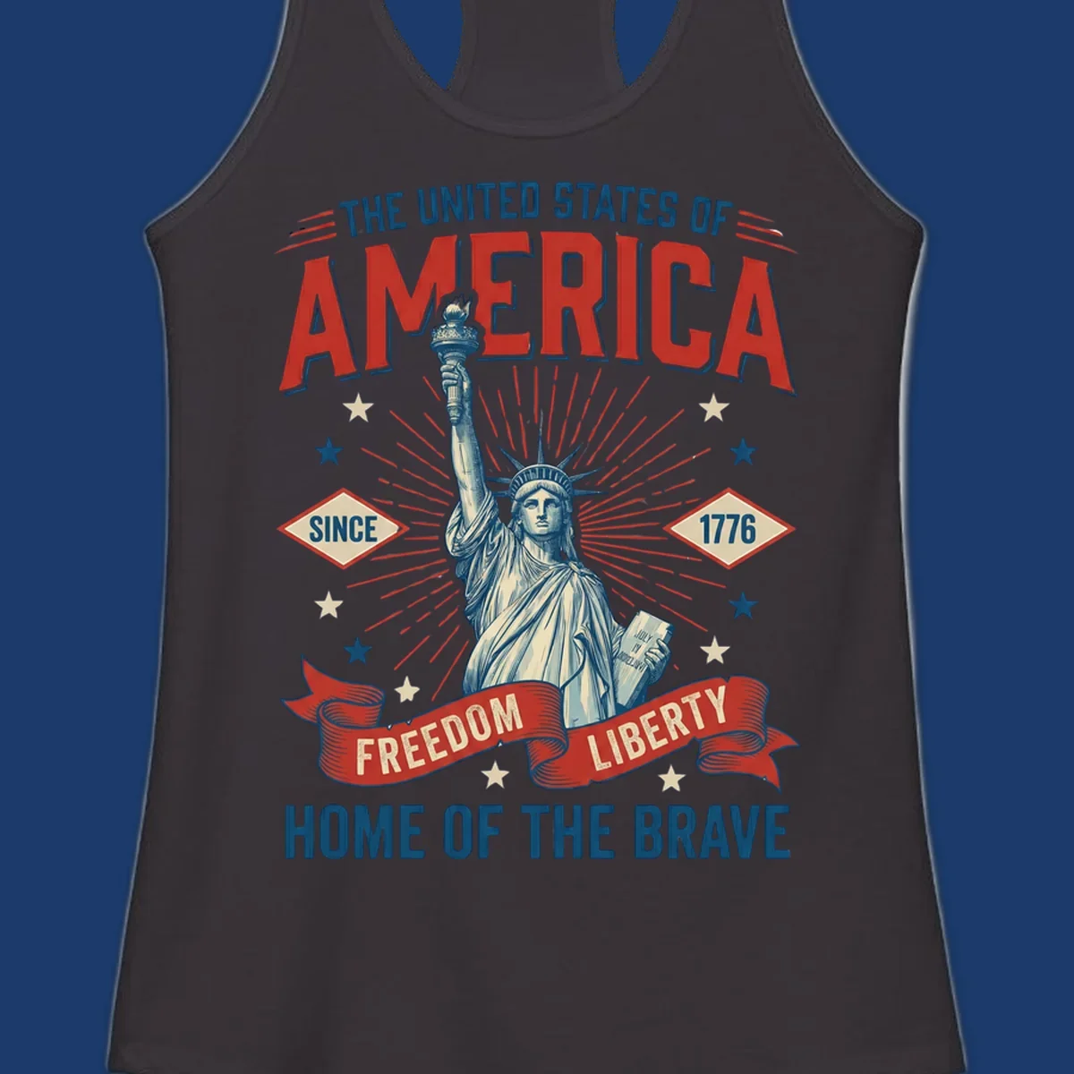 America freedom celebration design with Statue of Liberty, text and patriotic elements.