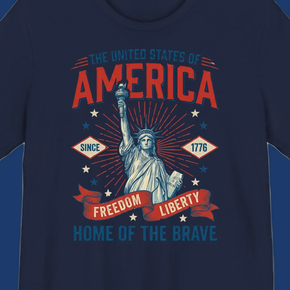 America freedom celebration design with Statue of Liberty, text and patriotic elements.