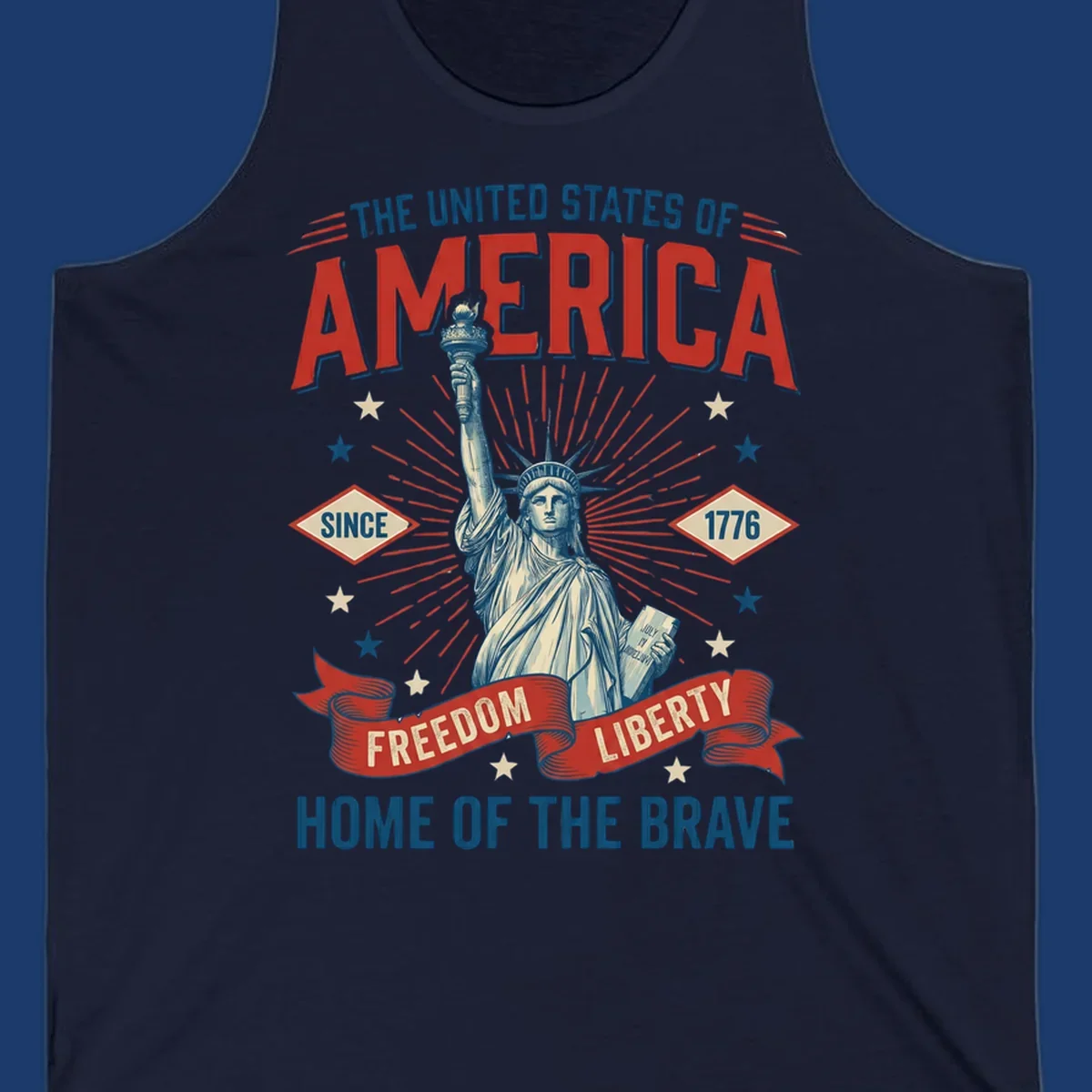 America freedom celebration design with Statue of Liberty, text and patriotic elements.