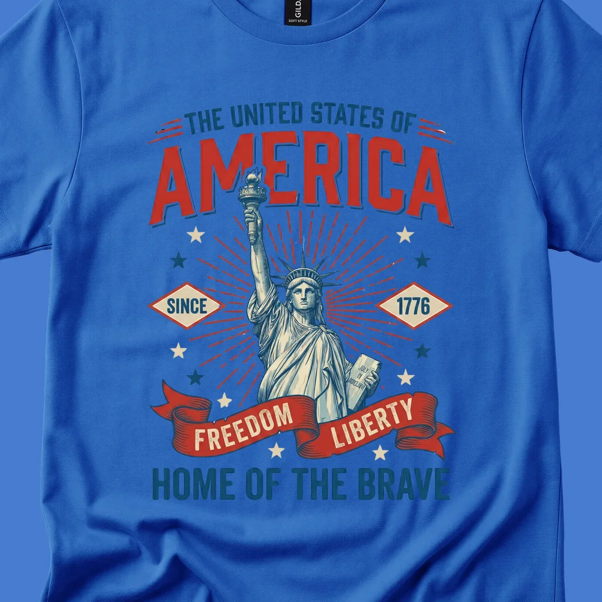 America freedom celebration design with Statue of Liberty, text and patriotic elements.