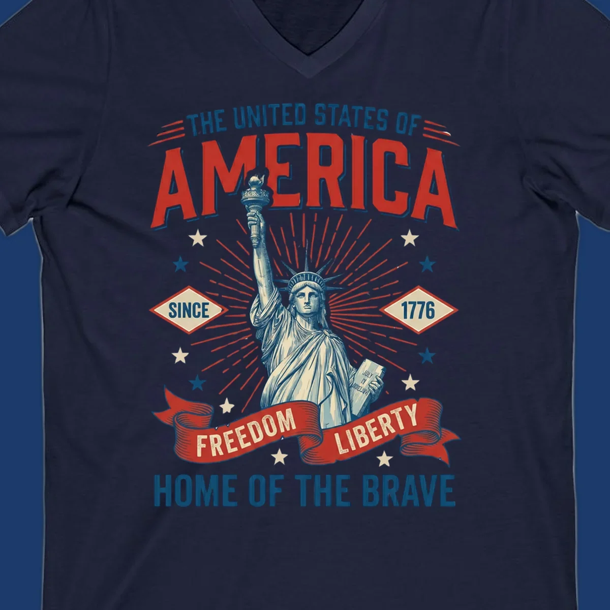 America freedom celebration design with Statue of Liberty, text and patriotic elements.