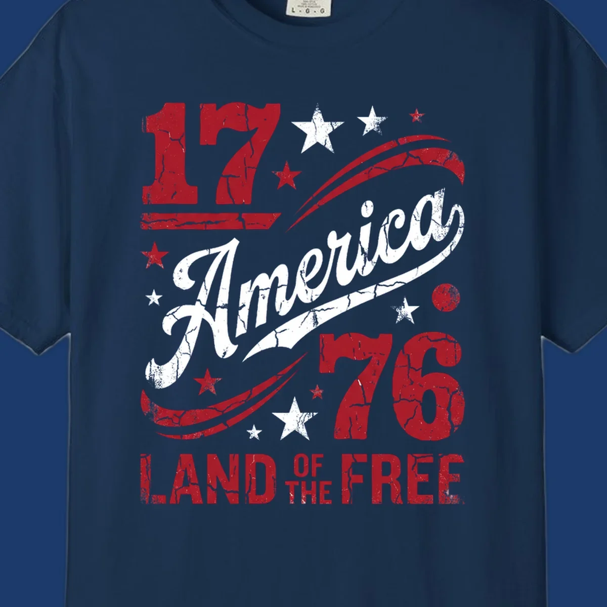 America 250th anniversary design with 1776, America, Land of the Free, and stars.