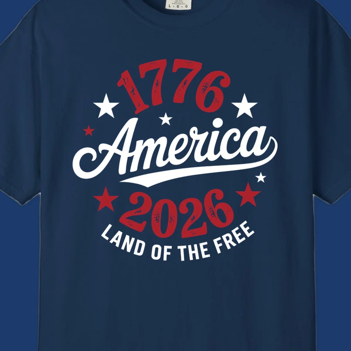 America 250th anniversary design with text 1776, America, 2026, Land of the Free, and stars.