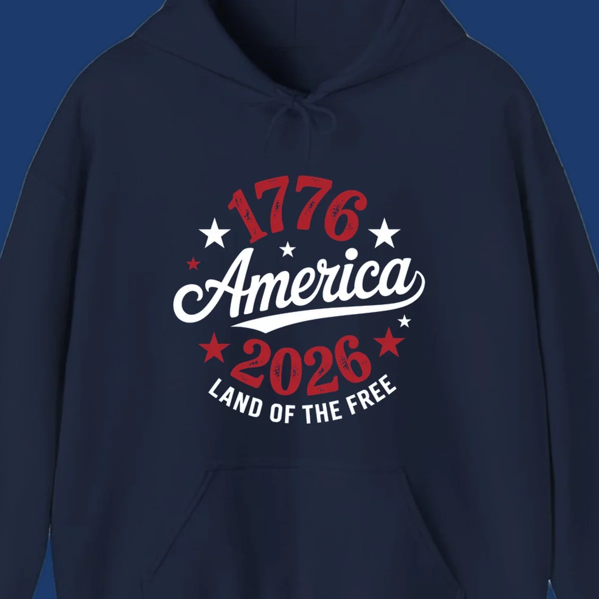 America 250th anniversary design with text 1776, America, 2026, Land of the Free, and stars.