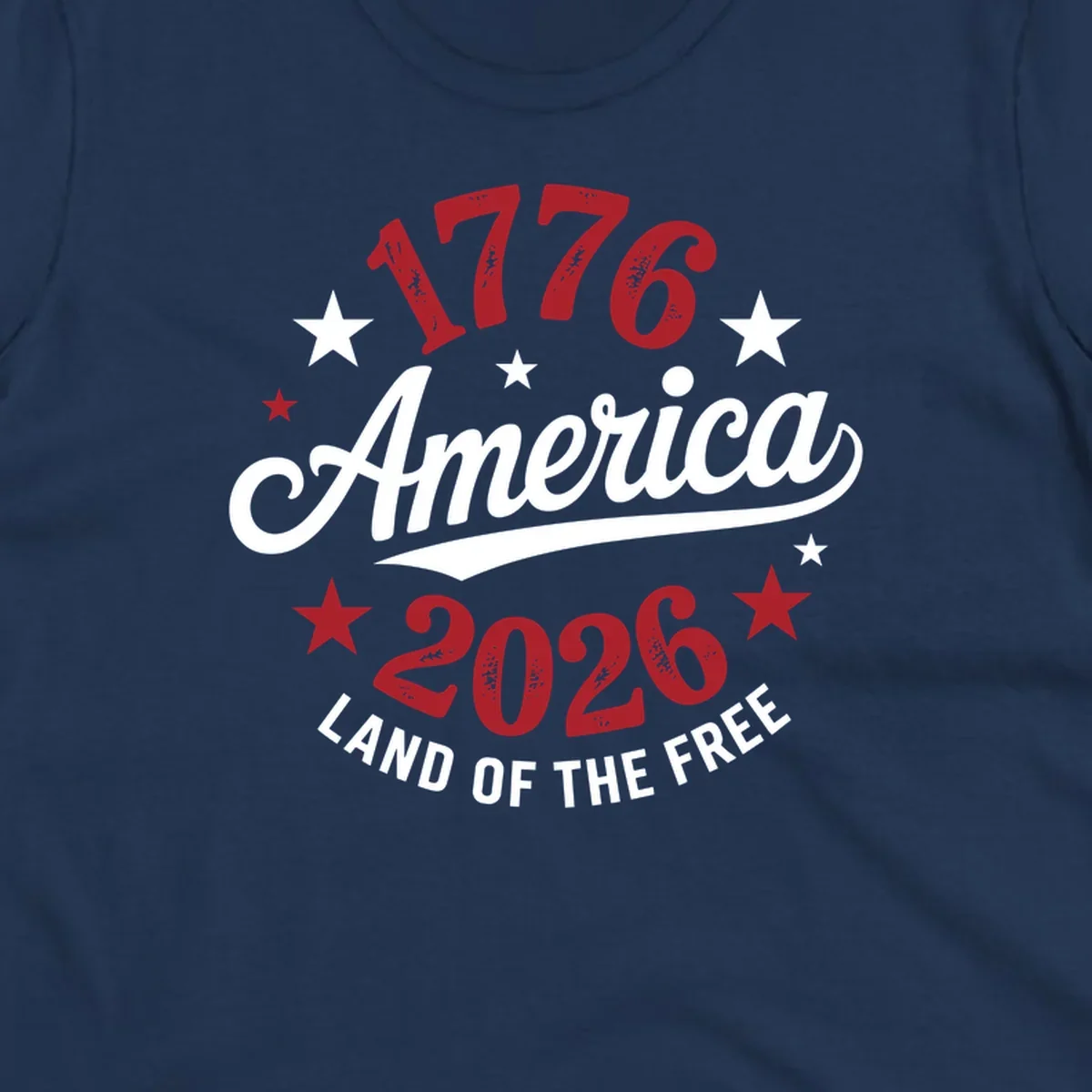 America 250th anniversary design with text 1776, America, 2026, Land of the Free, and stars.