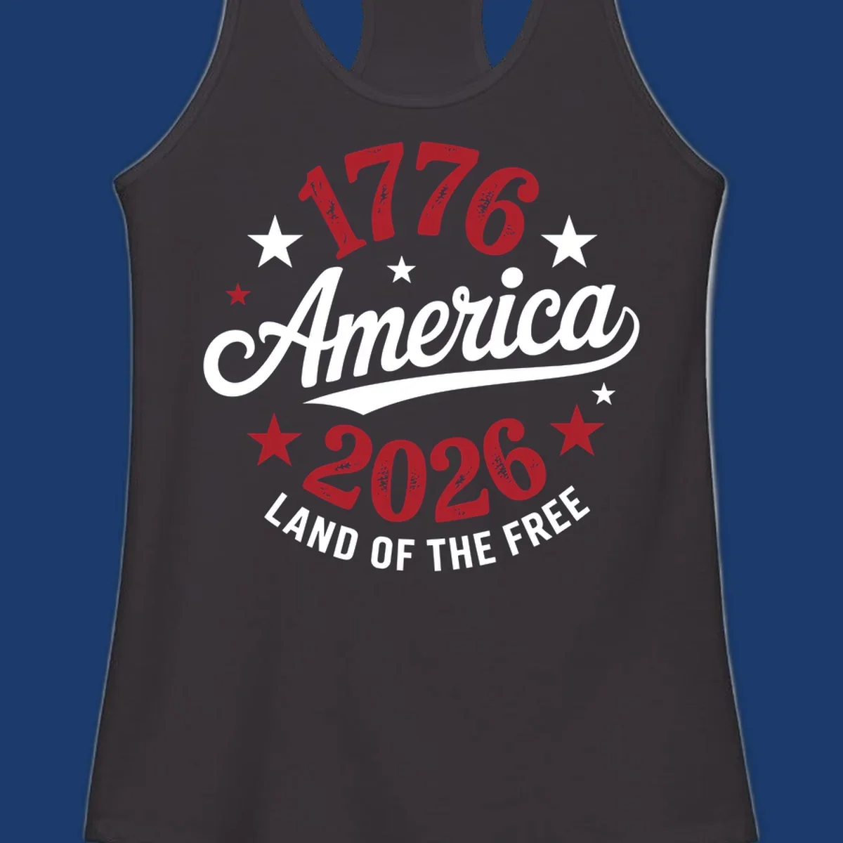 America 250th anniversary design with text 1776, America, 2026, Land of the Free, and stars.