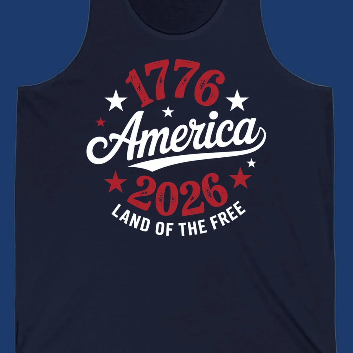 America 250th anniversary design with text 1776, America, 2026, Land of the Free, and stars.