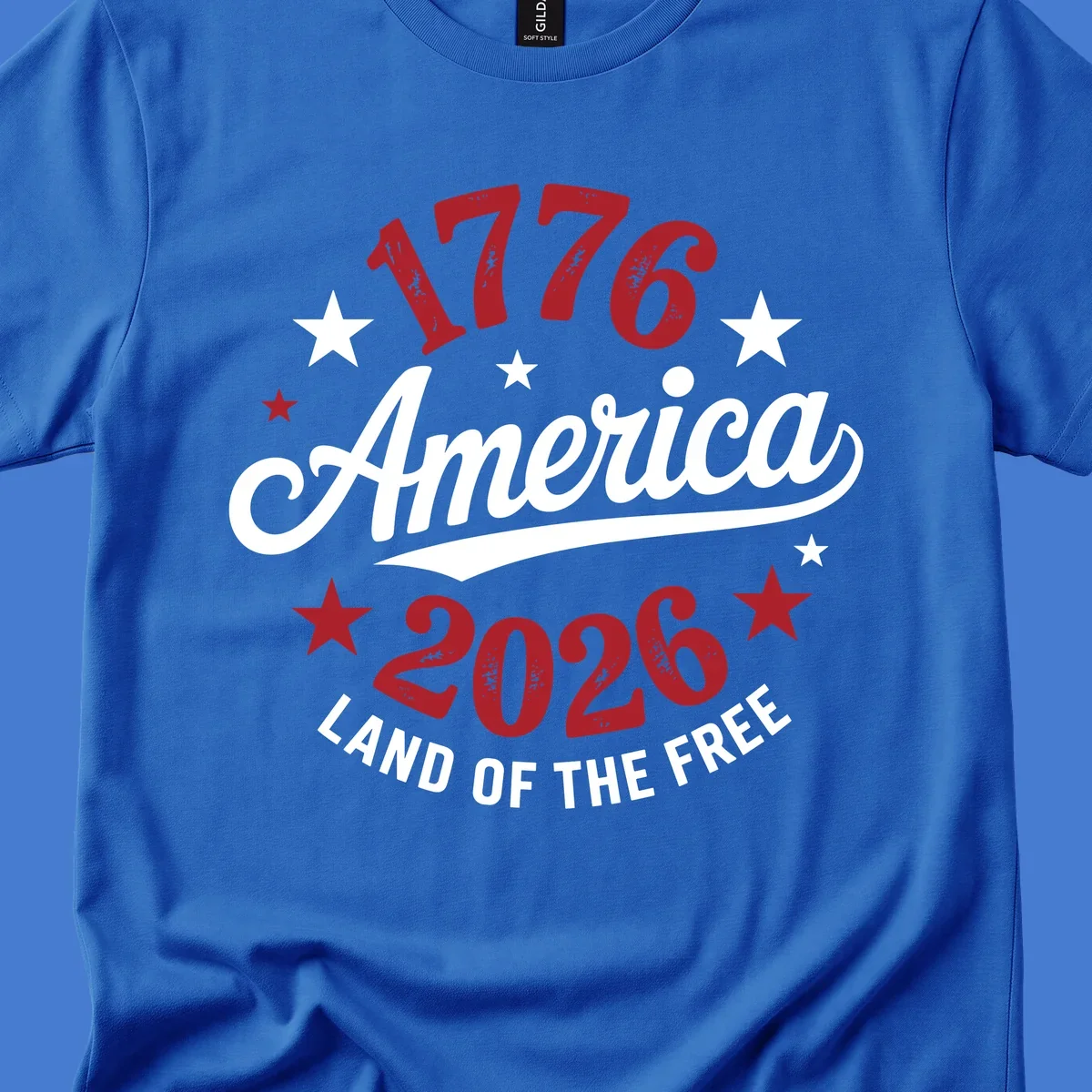 America 250th anniversary design with text 1776, America, 2026, Land of the Free, and stars.