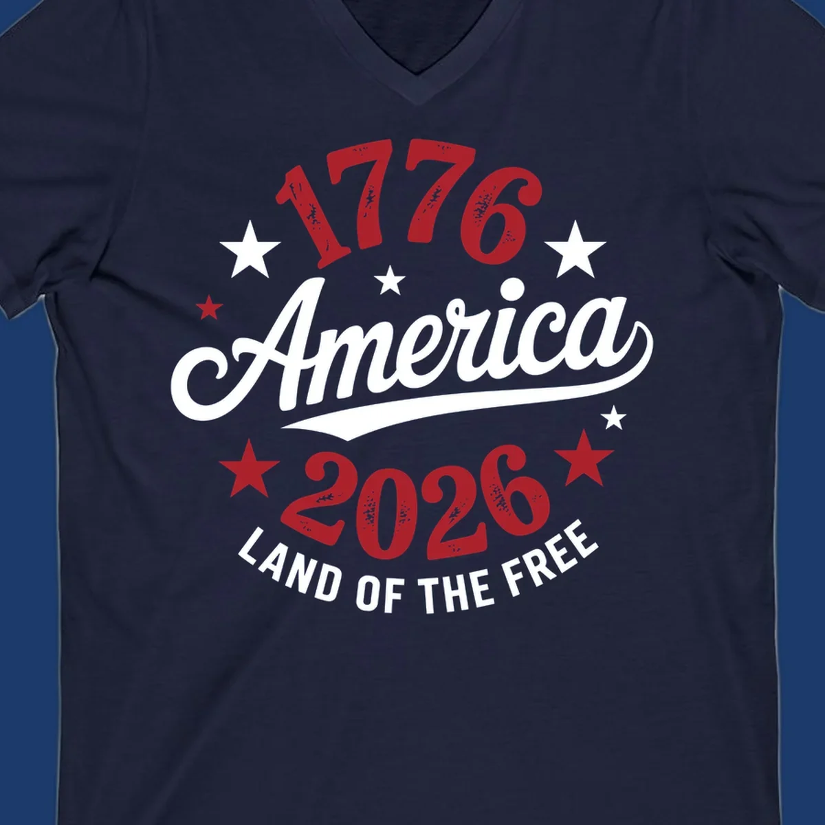 America 250th anniversary design with text 1776, America, 2026, Land of the Free, and stars.