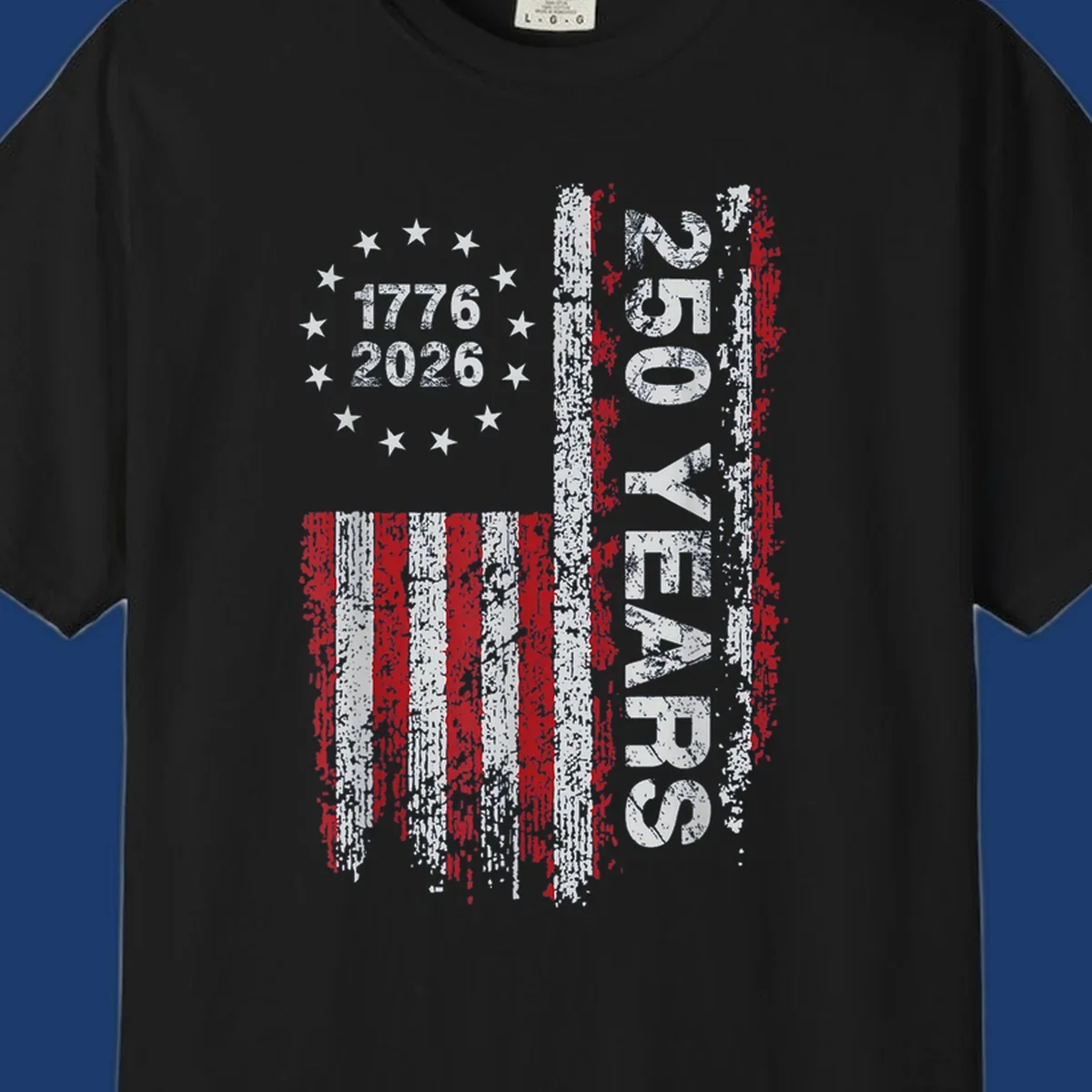 America 250 years distressed flag with 1776 and 2026 text.