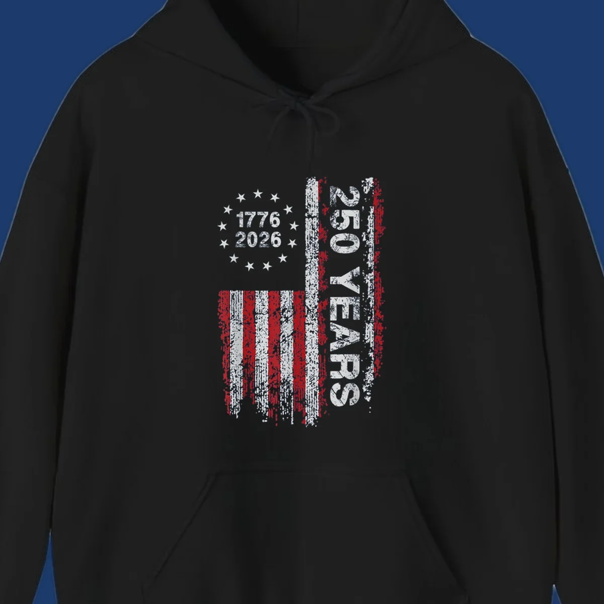 America 250 years distressed flag with 1776 and 2026 text.