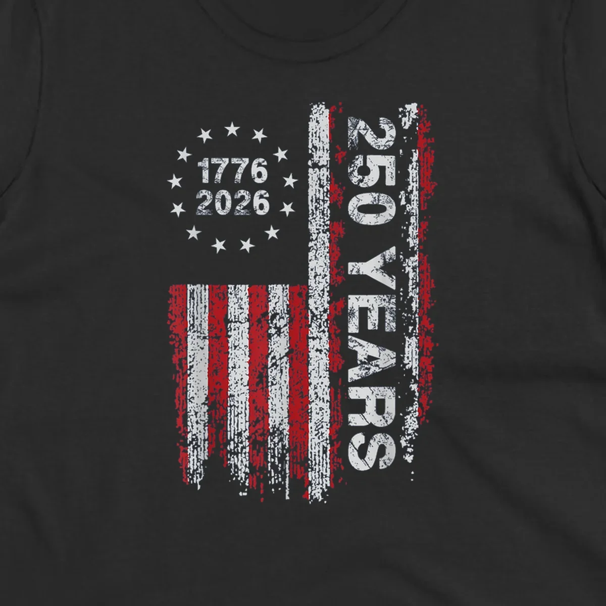 America 250 years distressed flag with 1776 and 2026 text.