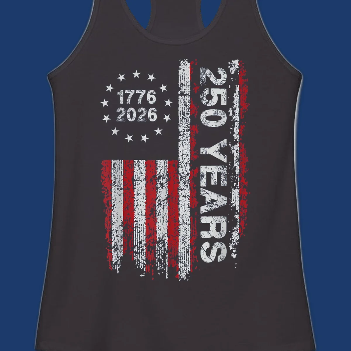 America 250 years distressed flag with 1776 and 2026 text.
