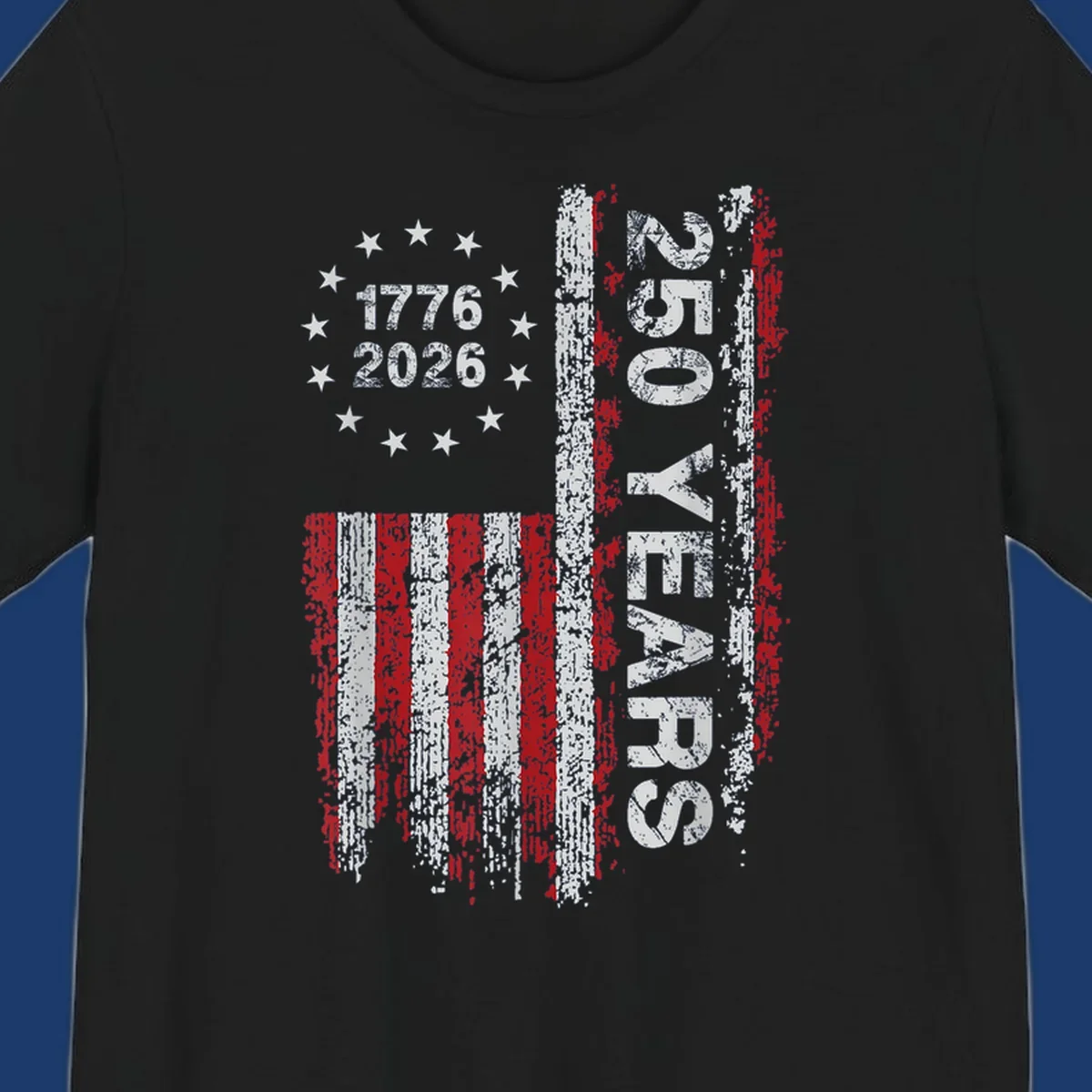 America 250 years distressed flag with 1776 and 2026 text.