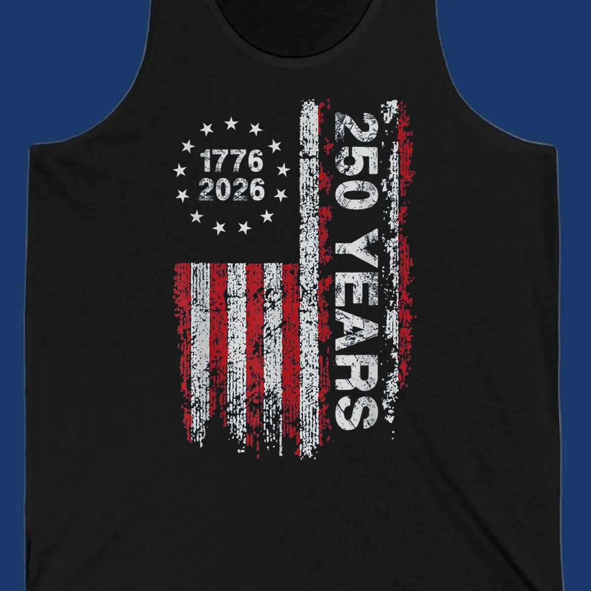 America 250 years distressed flag with 1776 and 2026 text.
