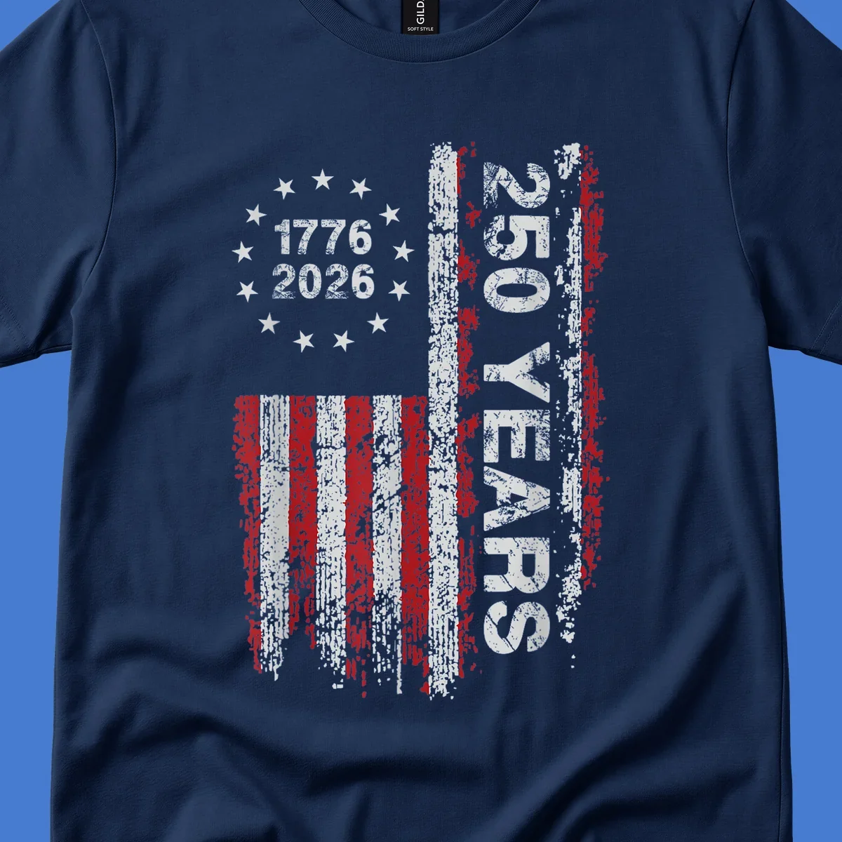 America 250 years distressed flag with 1776 and 2026 text.