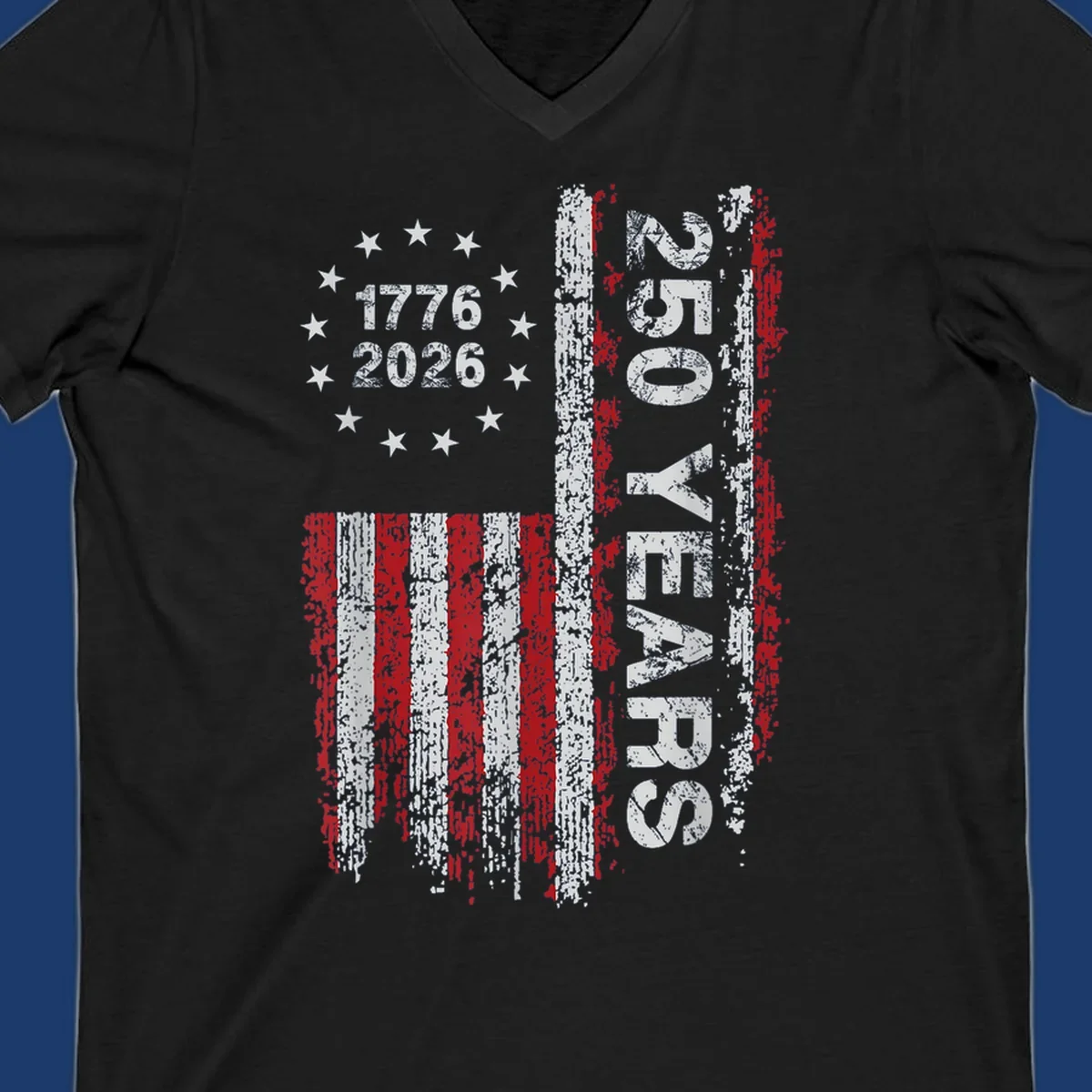 America 250 years distressed flag with 1776 and 2026 text.