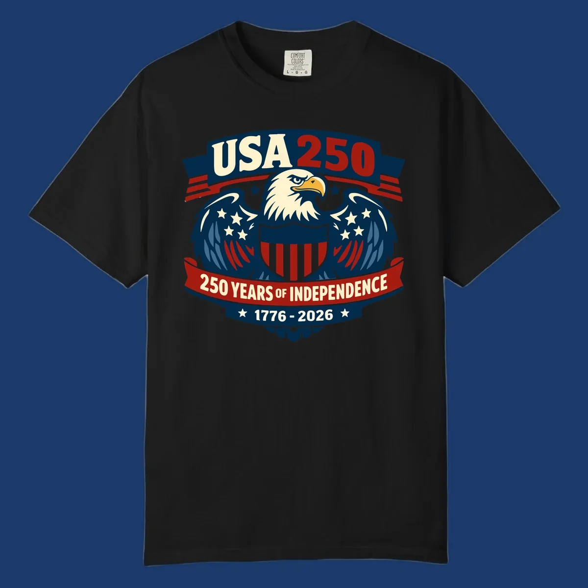 USA 250 anniversary eagle shield banner text celebrating 250 years of independence.