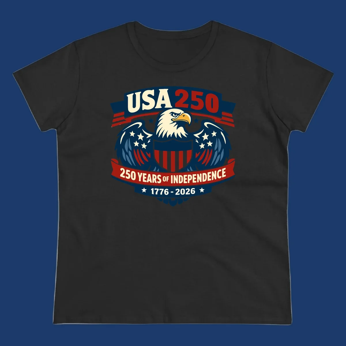 USA 250 anniversary eagle shield banner text celebrating 250 years of independence.