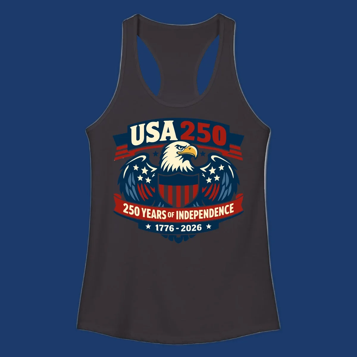 USA 250 anniversary eagle shield banner text celebrating 250 years of independence.