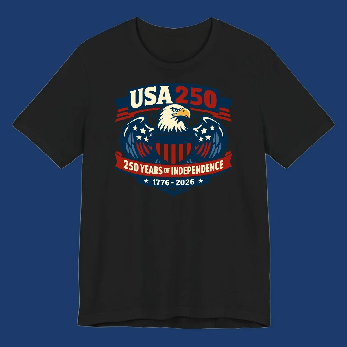 USA 250 anniversary eagle shield banner text celebrating 250 years of independence.