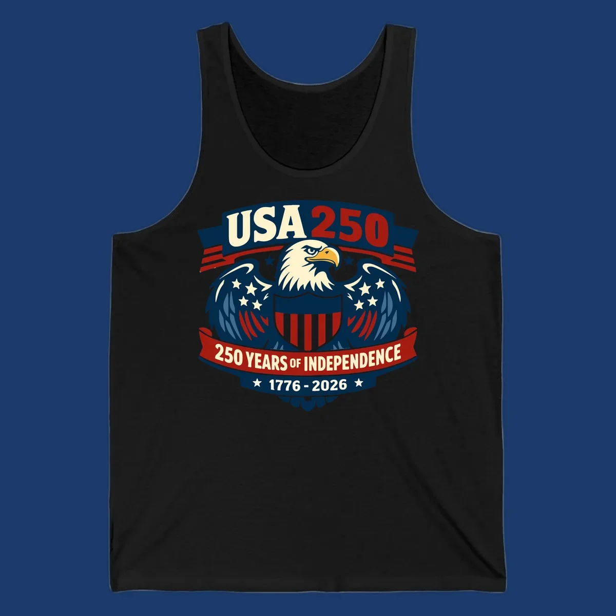 USA 250 anniversary eagle shield banner text celebrating 250 years of independence.