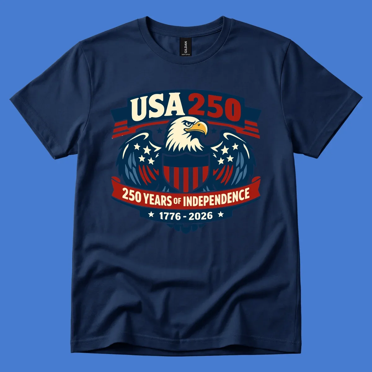 USA 250 anniversary eagle shield banner text celebrating 250 years of independence.