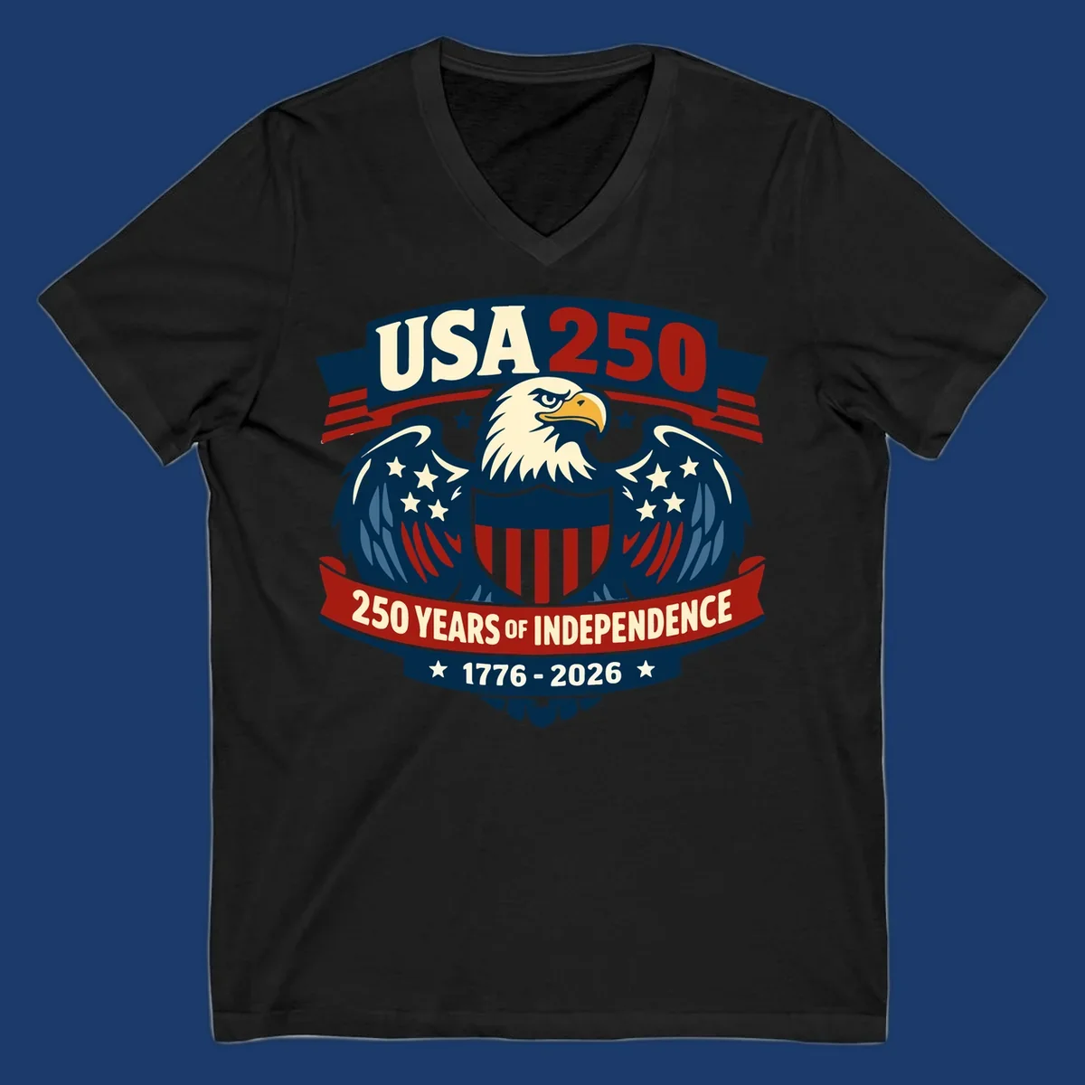 USA 250 anniversary eagle shield banner text celebrating 250 years of independence.