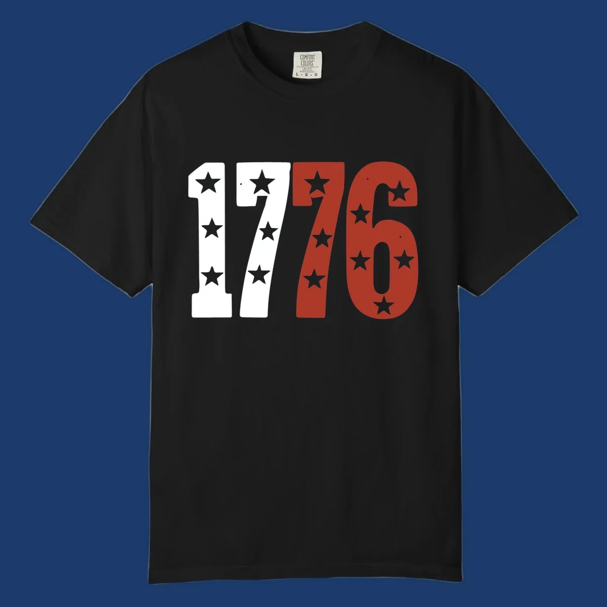 Bold 1776 star celebration graphic with red, white, and blue stars.